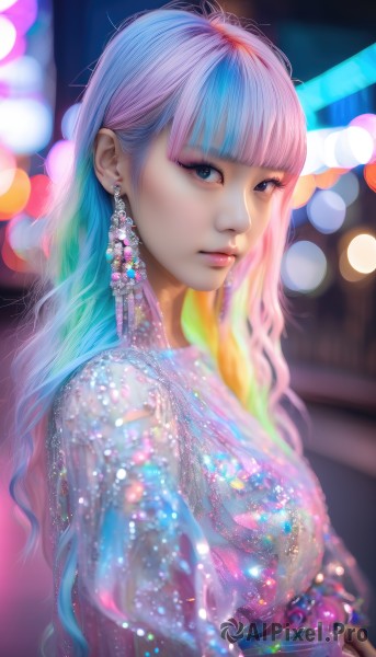 1girl,solo,long hair,looking at viewer,bangs,blue eyes,dress,jewelry,closed mouth,blue hair,upper body,pink hair,multicolored hair,earrings,puffy sleeves,blunt bangs,blurry,from side,two-tone hair,lips,see-through,eyelashes,gradient hair,makeup,depth of field,blurry background,eyeshadow,realistic,nose,bokeh,watermark,wavy hair,expressionless,lipstick,lens flare,pink lips,eyeliner,colorful,mascara,rainbow hair