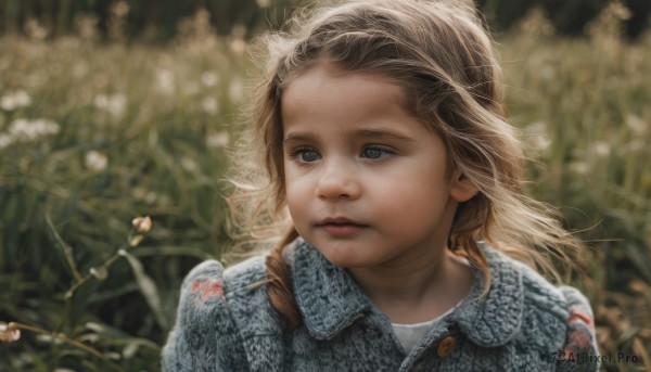 1girl,solo,long hair,blue eyes,blonde hair,brown hair,shirt,closed mouth,upper body,braid,flower,outdoors,blurry,lips,looking to the side,grey eyes,depth of field,blurry background,looking away,portrait,realistic,nose,branch,wind