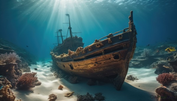 outdoors,water,no humans,ocean,beach,sunlight,scenery,fish,light rays,rock,underwater,sand,anchor,watercraft,sunbeam,shell,ship,boat,starfish,coral,day