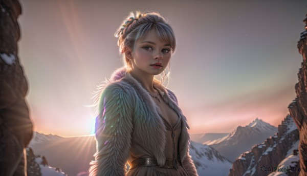 1girl,solo,breasts,looking at viewer,short hair,bangs,hair ornament,cleavage,brown eyes,jewelry,medium breasts,upper body,white hair,earrings,small breasts,outdoors,parted lips,sky,belt,necklace,blurry,lips,coat,fur trim,sunlight,snow,pendant,backlighting,sunset,mountain,realistic,nose,winter,sunrise,long hair,grey eyes,makeup