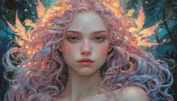 1girl,solo,long hair,looking at viewer,blue eyes,hair ornament,closed mouth,collarbone,pink hair,flower,hair flower,lips,grey eyes,petals,eyelashes,leaf,wavy hair,feathers,plant,portrait,close-up,freckles,curly hair,realistic,nose,red lips,bare shoulders,parted lips,expressionless,nature,forehead