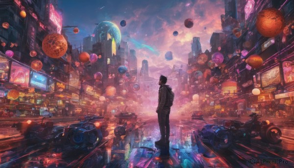 solo, short hair, black hair, 1boy, standing, outdoors, sky, cloud, dutch angle, night, ground vehicle, building, scenery, motor vehicle, science fiction, city, hands in pockets, car, road, cityscape, balloon, motorcycle, city lights, cyberpunk, neon lights