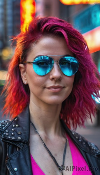 1girl,solo,long hair,breasts,looking at viewer,smile,shirt,cleavage,jewelry,closed mouth,jacket,upper body,pink hair,red hair,multicolored hair,earrings,outdoors,open clothes,glasses,artist name,medium hair,necklace,mole,blurry,two-tone hair,open jacket,lips,black jacket,mole under eye,makeup,depth of field,blurry background,watermark,piercing,sunglasses,denim,lipstick,ear piercing,portrait,web address,freckles,pink shirt,asymmetrical hair,realistic,nose,round eyewear,stud earrings,leather,tinted eyewear,leather jacket,denim jacket,aviator sunglasses,blue eyes,signature,night,zipper,mole on breast,unzipped,neon lights,mole above mouth,blue-tinted eyewear,mole on body