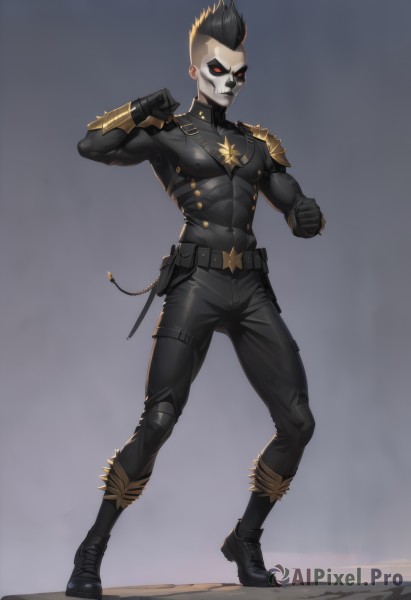 solo,looking at viewer,short hair,black hair,red eyes,gloves,1boy,standing,full body,male focus,multicolored hair,boots,teeth,black gloves,belt,pants,artist name,grey background,black footwear,armor,bodysuit,mask,muscular,glowing,black pants,abs,pectorals,muscular male,spiked hair,shoulder armor,clenched hand,glowing eyes,skin tight,clenched hands,colored sclera,pouch,fighting stance,black bodysuit,black sclera,tight,knee pads,very short hair,mohawk,simple background,uniform,covered nipples,covered abs