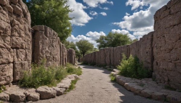 outdoors,sky,day,cloud,tree,blue sky,no humans,shadow,cloudy sky,grass,plant,nature,scenery,forest,rock,road,bush,wall,path,stone wall