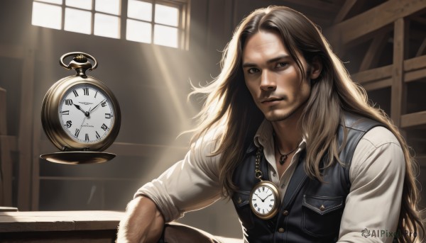 solo,long hair,looking at viewer,blonde hair,brown hair,shirt,1boy,brown eyes,jewelry,sitting,white shirt,upper body,male focus,collared shirt,indoors,necklace,vest,lips,book,window,buttons,sunlight,pendant,sleeves rolled up,watch,black vest,light rays,realistic,nose,clock,bookshelf,waistcoat,pocket watch,roman numeral,dress shirt,facial hair,beard,stubble,manly,sunbeam