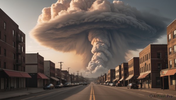 outdoors,sky,day,cloud,no humans,window,cloudy sky,ground vehicle,building,scenery,motor vehicle,tentacles,smoke,monster,city,car,road,power lines,lamppost,street,utility pole,oversized animal,crosswalk,eldritch abomination,traffic light,truck