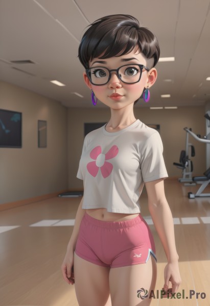 1girl,solo,breasts,looking at viewer,blush,short hair,bangs,brown hair,shirt,black hair,navel,brown eyes,jewelry,closed mouth,standing,collarbone,white shirt,short sleeves,cowboy shot,earrings,small breasts,glasses,shorts,midriff,indoors,lips,crop top,short shorts,makeup,swept bangs,lipstick,t-shirt,black-framed eyewear,arms at sides,print shirt,dolphin shorts,gym shorts,pink shorts,lipstick mark,nail polish,black eyes,nose,door,red lips,very short hair,kitchen