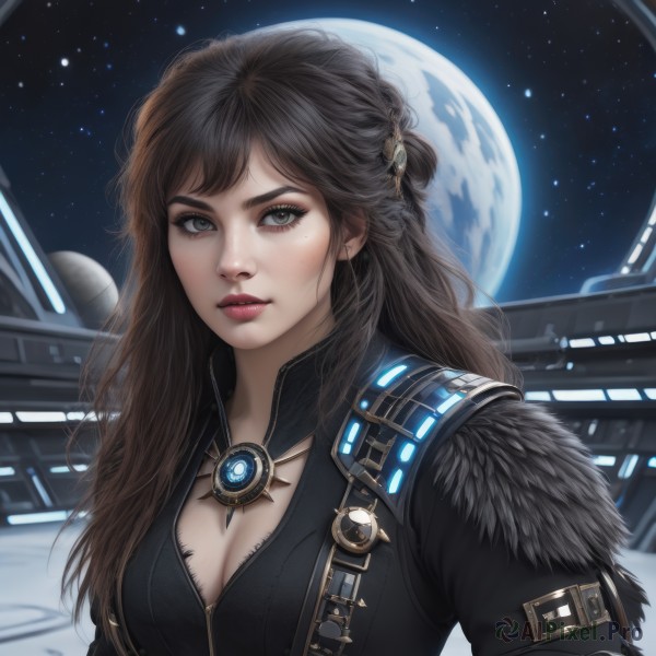 1girl,solo,long hair,breasts,looking at viewer,bangs,brown hair,black hair,hair ornament,cleavage,jewelry,medium breasts,upper body,sky,artist name,necklace,mole,lips,grey eyes,fur trim,eyelashes,makeup,night,watermark,moon,star (sky),starry sky,freckles,science fiction,realistic,nose,space,planet,earth (planet),earrings,parted lips,mole under eye,zipper