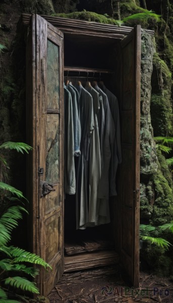 solo,shirt,standing,outdoors,indoors,no humans,leaf,plant,scenery,door,open door,doorway,overgrown,nature,moss,clothes