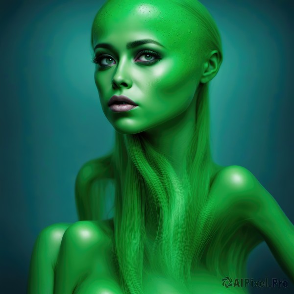 1girl,solo,long hair,breasts,looking at viewer,large breasts,cleavage,medium breasts,green eyes,upper body,nude,parted lips,green hair,lips,makeup,colored skin,lipstick,realistic,nose,green skin,green theme,eyelashes,monster girl,genderswap,genderswap (mtf),bald,alien,no nipples,yellow skin