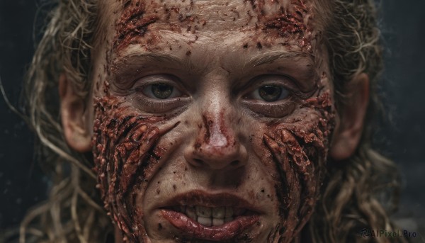 1girl,solo,long hair,looking at viewer,blonde hair,brown eyes,parted lips,teeth,tongue,tongue out,blurry,lips,blood,portrait,close-up,blood on face,realistic,horror (theme),1boy,male focus,black eyes,clenched teeth,extra eyes