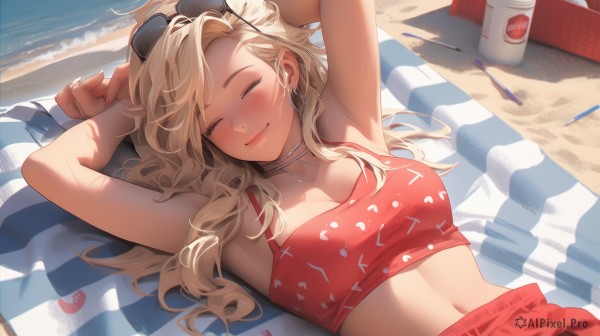 1girl,solo,long hair,breasts,blush,smile,bangs,blonde hair,navel,cleavage,bare shoulders,jewelry,medium breasts,closed mouth,collarbone,swimsuit,closed eyes,upper body,heart,bikini,earrings,outdoors,lying,choker,day,midriff,on back,armpits,water,stomach,arms up,lips,fingernails,ocean,beach,sunlight,sunglasses,arms behind head,facing viewer,eyewear on head,red bikini,hoop earrings,sand,shade,beach towel,nail polish,towel,red nails