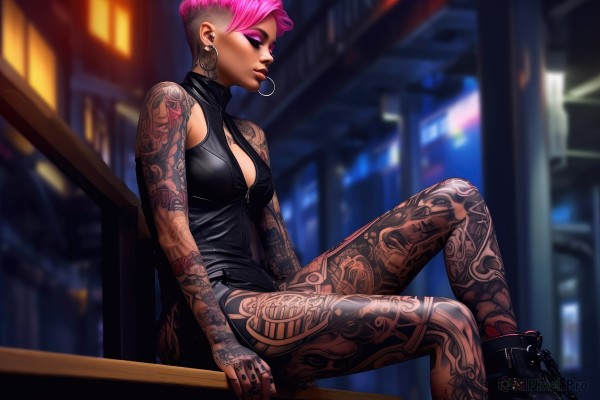 1girl,solo,breasts,short hair,dress,cleavage,bare shoulders,jewelry,medium breasts,sitting,closed eyes,pink hair,earrings,boots,sleeveless,dark skin,black footwear,mole,blurry,black dress,dark-skinned female,lips,clothing cutout,tattoo,makeup,blurry background,mouth hold,piercing,cleavage cutout,ring,lipstick,ear piercing,eyeshadow,zipper,nose,eyeliner,arm tattoo,undercut,facial tattoo,leg tattoo,mascara,pantyhose,shorts,alternate costume,from side,night,black nails,hoop earrings,very short hair