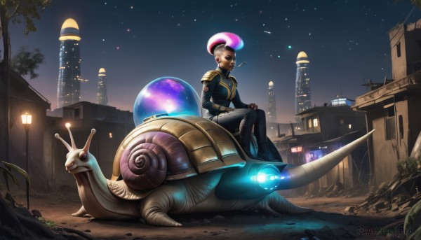 1girl,solo,short hair,gloves,1boy,sitting,pink hair,male focus,multicolored hair,boots,outdoors,horns,sky,pants,dark skin,black footwear,uniform,two-tone hair,tree,night,glowing,animal,robot,building,star (sky),night sky,starry sky,science fiction,city,smoking,space,lamppost,oversized animal,breasts,blue eyes,jewelry,medium breasts,white hair,earrings,armor,dark-skinned female,lips,pokemon (creature),bodysuit,makeup,mouth hold,lipstick,scenery,nose,antennae,alien,spacecraft