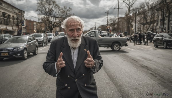 solo,looking at viewer,long sleeves,1boy,white hair,male focus,outdoors,multiple boys,sky,day,cloud,tree,facial hair,parody,formal,cloudy sky,suit,pointing,ground vehicle,building,motor vehicle,beard,snow,6+boys,city,realistic,mustache,car,road,old,vehicle focus,police,lamppost,old man,bare tree,street,grey sky,smile,short hair,shirt,jacket,white shirt,collared shirt,pants,blurry,black jacket,dress shirt,black pants,pointing at viewer