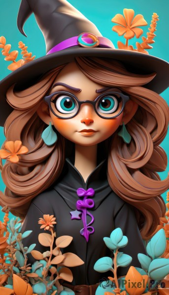 1girl,solo,long hair,looking at viewer,blush,bangs,blue eyes,brown hair,hat,jewelry,closed mouth,green eyes,upper body,flower,earrings,glasses,belt,artist name,aqua eyes,lips,gradient,gradient background,eyelashes,black headwear,makeup,witch hat,swept bangs,leaf,blue background,thick eyebrows,plant,lipstick,gem,semi-rimless eyewear,buckle,freckles,black-framed eyewear,curly hair,round eyewear,witch,orange flower,dress,black dress,watermark,web address,nose,aqua background