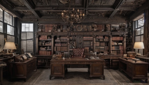 day,indoors,cup,book,no humans,window,chair,table,sunlight,scenery,desk,wooden floor,paper,clock,bookshelf,lamp,candle,shelf,book stack,ceiling,candlestand,ceiling light,cabinet,chandelier,globe,curtains,box,teacup,saucer,carpet,rug