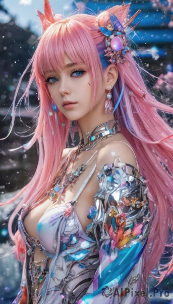 1girl,solo,long hair,breasts,looking at viewer,bangs,blue eyes,hair ornament,dress,cleavage,bare shoulders,jewelry,medium breasts,closed mouth,underwear,upper body,pink hair,earrings,choker,necklace,hair bun,bra,mole,blurry,lips,depth of field,blurry background,gem,realistic,nose,detached sleeves,artist name,armor,from side,eyelashes,expressionless,feathers