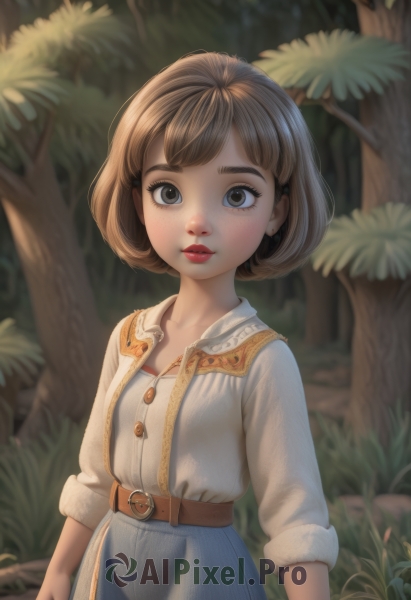 1girl,solo,looking at viewer,short hair,bangs,skirt,brown hair,shirt,long sleeves,brown eyes,jewelry,standing,white shirt,earrings,outdoors,parted lips,day,belt,blurry,tree,lips,blue skirt,eyelashes,makeup,buttons,depth of field,blurry background,bob cut,thick eyebrows,grass,lipstick,nature,buckle,forest,freckles,belt buckle,nose,arms at sides,red lips,stud earrings,brown belt,sleeves past elbows,blush,dress,collarbone,upper body,artist name,plant,denim