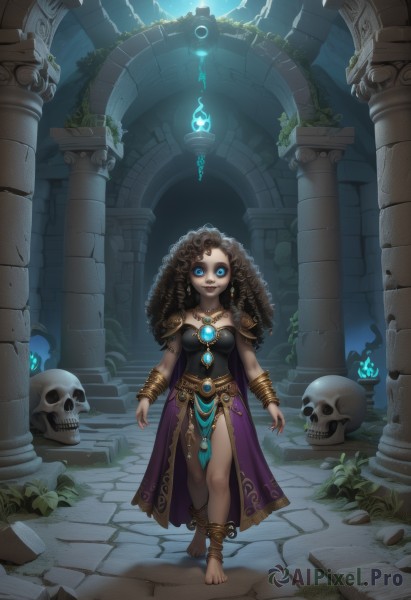 1girl,solo,long hair,breasts,looking at viewer,smile,blue eyes,brown hair,black hair,jewelry,medium breasts,standing,full body,earrings,sky,barefoot,dark skin,necklace,nail polish,armor,bracelet,dark-skinned female,strapless,makeup,glowing,plant,glowing eyes,walking,curly hair,skull,stairs,anklet,magic,ruins,pillar,column,dress,artist name,chain,drill hair,fire,veil,ghost,bracer,skeleton,blue fire,crack,overgrown