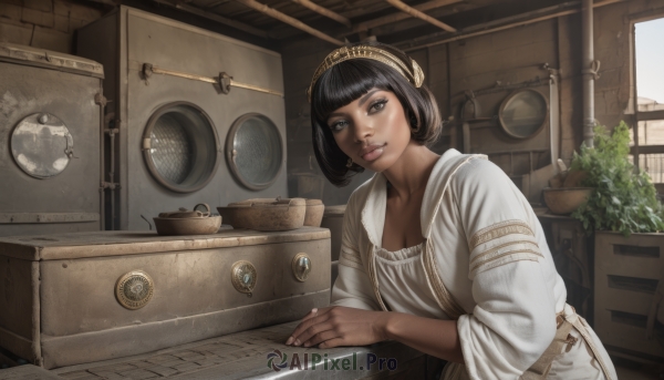 1girl,solo,breasts,looking at viewer,smile,short hair,bangs,shirt,black hair,cleavage,brown eyes,medium breasts,collarbone,upper body,hairband,parted lips,day,belt,indoors,dark skin,blunt bangs,black eyes,dark-skinned female,lips,eyelashes,window,leaning forward,sunlight,bob cut,plant,sleeves rolled up,realistic,nose,potted plant,kitchen,stove,jewelry,ring,tiara,egyptian