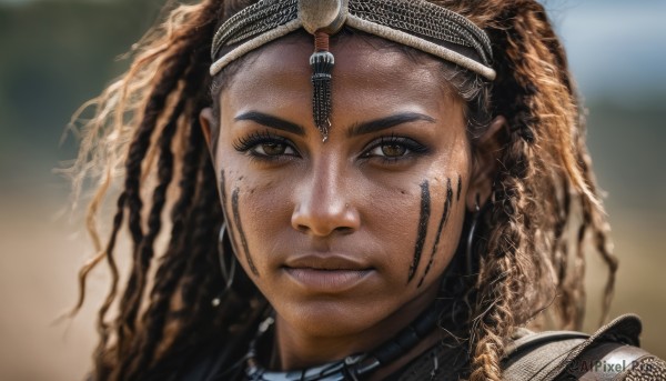 1girl,solo,long hair,looking at viewer,smile,brown hair,brown eyes,jewelry,closed mouth,earrings,dark skin,armor,blurry,dark-skinned female,lips,eyelashes,tattoo,blurry background,facial mark,portrait,freckles,curly hair,hoop earrings,realistic,nose,facepaint,facial tattoo,very dark skin,dreadlocks,chainmail,black hair,necklace,wavy hair,close-up