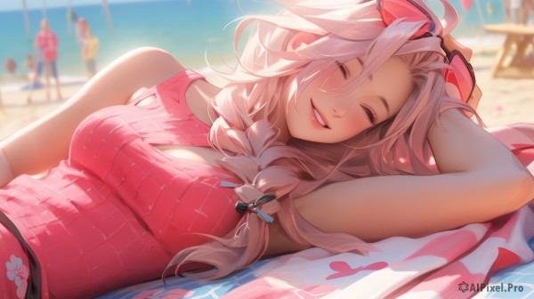 1girl,long hair,breasts,blush,smile,bangs,hair ornament,cleavage,bare shoulders,medium breasts,swimsuit,closed eyes,upper body,pink hair,braid,white hair,outdoors,lying,parted lips,multiple boys,teeth,sleeveless,solo focus,day,armpits,water,grin,blurry,arm up,lips,one-piece swimsuit,single braid,makeup,depth of field,blurry background,ocean,on side,beach,cleavage cutout,sunglasses,towel,hair over shoulder,facing viewer,eyewear on head,arm behind head,pink lips,sand,male swimwear,swim trunks,beach towel,pink one-piece swimsuit,solo,multiple girls,ahoge,sky,on back,twin braids,sweater,blue sky,clothing cutout,umbrella,beach umbrella,ribbed shirt,beach chair