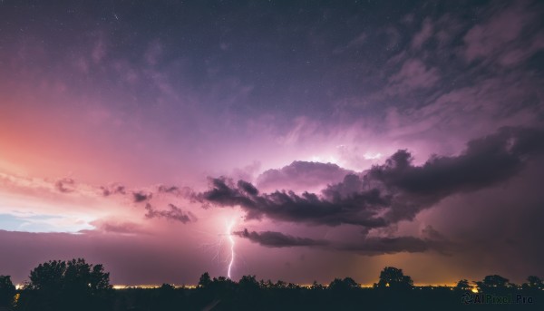 outdoors,sky,cloud,tree,no humans,night,cloudy sky,star (sky),nature,night sky,scenery,forest,starry sky,sunset,silhouette,twilight,landscape,mountain,horizon,electricity,lightning