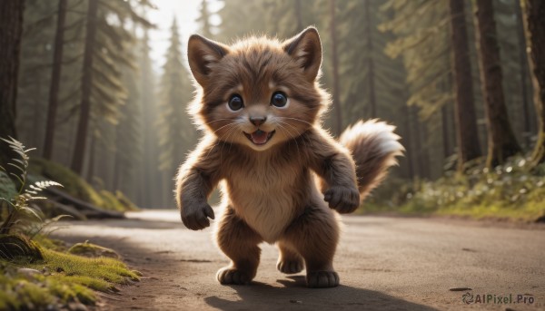 solo,looking at viewer,smile,open mouth,blue eyes,standing,full body,outdoors,day,signature,blurry,tree,pokemon (creature),no humans,:3,depth of field,blurry background,animal,fangs,cat,grass,plant,nature,forest,walking,realistic,animal focus,tail,teeth,running,whiskers