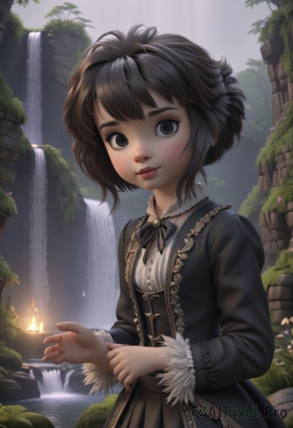 1girl,solo,looking at viewer,blush,smile,short hair,bangs,brown hair,black hair,long sleeves,dress,bow,ribbon,closed mouth,flower,outdoors,frills,day,puffy sleeves,artist name,water,black eyes,black dress,tree,lips,grey eyes,eyelashes,black ribbon,black bow,fire,plant,web address,freckles,nose,fantasy,candle,waterfall,fountain,standing,upper body,small breasts,watermark,lace trim,lace,lolita fashion,adjusting clothes,gothic lolita