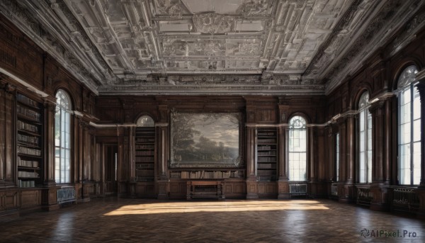 sky,day,cloud,indoors,water,tree,book,no humans,window,chair,table,sunlight,scenery,reflection,light rays,wooden floor,stairs,door,bookshelf,architecture,sunbeam,pillar,library,reflective floor,artist name,painting (object)