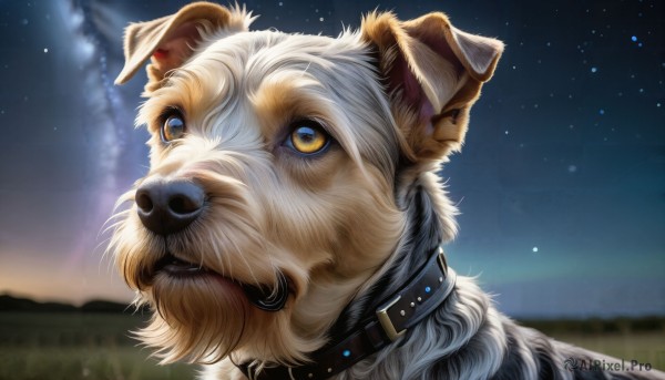 HQ,solo,yellow eyes,outdoors,sky,blurry,collar,no humans,night,animal,looking up,portrait,star (sky),night sky,starry sky,dog,realistic,black collar,animal focus,animal ears,signature,blurry background,close-up,animal on head,aurora