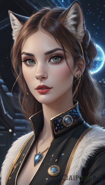 1girl,solo,long hair,breasts,looking at viewer,brown hair,animal ears,jewelry,green eyes,jacket,upper body,earrings,parted lips,cat ears,necklace,lips,animal ear fluff,fur trim,eyelashes,makeup,lipstick,gem,extra ears,pendant,freckles,red lips,planet,artist name,signature,blurry,parted bangs,moon,portrait,forehead,eyeshadow,realistic,nose,eyeliner,mascara