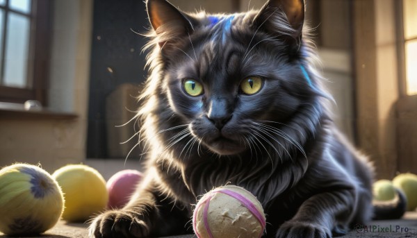 HQ,solo,looking at viewer,yellow eyes,indoors,blurry,no humans,window,depth of field,blurry background,animal,cat,slit pupils,ball,colored sclera,realistic,black cat,animal focus,yellow sclera,whiskers,yarn,yarn ball,closed mouth,green eyes,signature,chair,sunlight