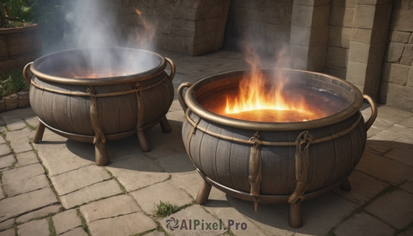 outdoors,cup,no humans,grass,fire,plant,steam,scenery,smoke,wall,brick wall,barrel,stone floor,stove,fireplace,wood,indoors,rope,fantasy,cooking,flame,still life,burning