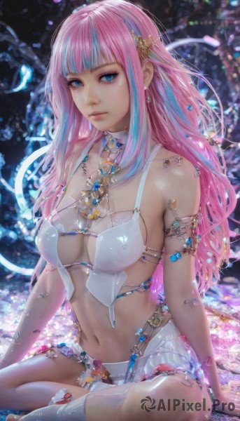 1girl,solo,long hair,breasts,looking at viewer,bangs,blue eyes,skirt,hair ornament,navel,cleavage,jewelry,medium breasts,sitting,closed mouth,underwear,blue hair,swimsuit,pink hair,bikini,multicolored hair,earrings,socks,midriff,blunt bangs,necklace,bra,bracelet,two-tone hair,lips,streaked hair,see-through,gem,revealing clothes,armlet,white bra,realistic,nose,thighhighs,bare shoulders,shiny,stomach,white thighhighs,arm support,white bikini,yokozuwari