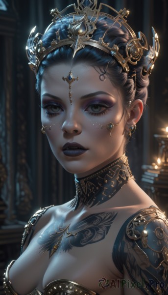 1girl,solo,breasts,looking at viewer,short hair,brown hair,black hair,hair ornament,cleavage,bare shoulders,brown eyes,jewelry,medium breasts,closed mouth,collarbone,upper body,earrings,choker,artist name,indoors,hair bun,armor,blurry,lips,grey eyes,eyelashes,tattoo,makeup,depth of field,blurry background,piercing,tiara,lipstick,shoulder armor,gem,portrait,forehead,eyeshadow,realistic,nose,eyeliner,hair pulled back,mascara,gorget,green eyes,parted lips,necklace,mole,crown,gold trim,gold