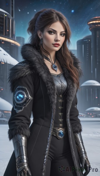 1girl,solo,long hair,breasts,looking at viewer,brown hair,gloves,brown eyes,jewelry,medium breasts,standing,cowboy shot,earrings,outdoors,open clothes,sky,choker,black gloves,belt,pants,necklace,lips,coat,fur trim,makeup,night,black pants,lipstick,gauntlets,building,star (sky),night sky,snow,pendant,eyeshadow,starry sky,freckles,science fiction,open coat,black coat,snowing,nose,red lips,mechanical arms,winter,fur-trimmed coat,black hair,artist name,mole,city,realistic