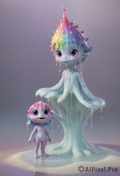 smile,short hair,open mouth,multiple girls,simple background,2girls,closed mouth,blue hair,standing,purple eyes,full body,pink hair,multicolored hair,pointy ears,looking at another,colored skin,looking up,monster girl,child,tentacle hair,blue skin,dripping,purple skin,slime (substance),slime girl,looking at viewer,blush,:d,nude,parted lips,teeth,artist name,flat chest,two-tone hair,gradient,gradient background,:3,heterochromia,watermark,pink skin