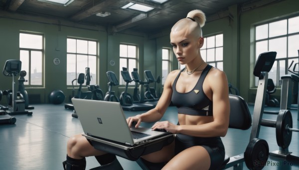 1girl,solo,breasts,short hair,blonde hair,navel,cleavage,jewelry,medium breasts,sitting,shorts,midriff,indoors,dark skin,necklace,hair bun,dark-skinned female,lips,window,muscular,black shorts,abs,single hair bun,bike shorts,sports bra,sportswear,muscular female,computer,laptop,exercise,gym,dumbbell,weightlifting,blue eyes,ponytail,white hair,earrings,small breasts,boots,crop top,short shorts,chair,tank top,toned,realistic,nose,water bottle,hair pulled back