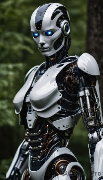 1girl,solo,breasts,looking at viewer,blue eyes,medium breasts,upper body,blurry,lips,no humans,blurry background,glowing,colored skin,robot,mecha,glowing eyes,science fiction,realistic,android,joints,cyborg,robot joints,alien,mechanical parts,humanoid robot,cable,damaged