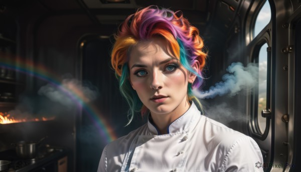 1girl,solo,looking at viewer,short hair,blue eyes,jewelry,upper body,pink hair,purple hair,red hair,multicolored hair,earrings,indoors,orange hair,two-tone hair,cup,lips,streaked hair,makeup,watermark,piercing,fire,messy hair,steam,smoke,freckles,realistic,nose,rainbow,dirty,rainbow hair,blue hair,green hair,sky,artist name,cloud,window,lipstick,portrait