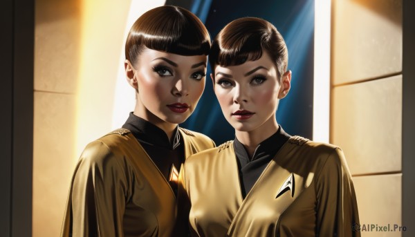 breasts,looking at viewer,short hair,bangs,multiple girls,brown hair,black hair,2girls,brown eyes,upper body,parted lips,uniform,lips,military,bodysuit,military uniform,makeup,lipstick,realistic,red lips,very short hair,smile,teeth,shiny,black eyes,sunlight,science fiction,retro artstyle,pilot suit,insignia