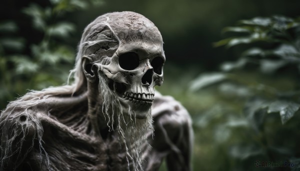 solo,1boy,upper body,male focus,teeth,blurry,no humans,blurry background,plant,skull,monster,realistic,skeleton,bone,horror (theme),depth of field,leaf,nature