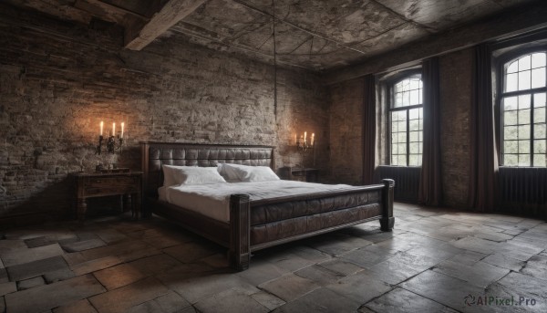 day,indoors,pillow,no humans,window,bed,bed sheet,on bed,sunlight,scenery,wooden floor,stairs,candle,wall,bedroom,brick wall,candlestand,chandelier,stone wall,fireplace,chair,table,fire,curtains,door,rug,stone floor,brick,brick floor