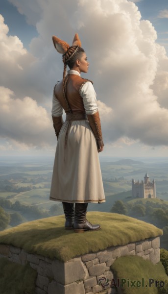 1girl,solo,long hair,brown hair,animal ears,standing,full body,braid,boots,outdoors,sky,day,cloud,from behind,twin braids,grass,scenery,castle,cliff,black hair,dress,pants,dark skin,dark-skinned female,tree,ocean,cloudy sky,mountain,realistic