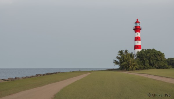 outdoors,sky,day,cloud,water,tree,blue sky,no humans,ocean,beach,grass,building,scenery,horizon,road,bush,tower,path,grey background,nature,forest,palm tree,traffic cone,lighthouse