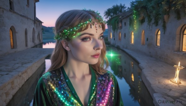 1girl,solo,long hair,looking at viewer,smile,brown hair,dress,jewelry,green eyes,collarbone,upper body,outdoors,sky,tree,lips,grey eyes,eyelashes,window,sparkle,makeup,night,building,gem,freckles,green dress,circlet,stairs,realistic,nose,fantasy,candle,house,green gemstone,hair ornament,water,star (sky),night sky,scenery,head wreath