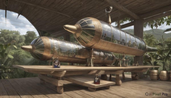 1girl,sitting,outdoors,sky,day,cloud,tree,no humans,chair,table,bottle,plant,nature,scenery,wooden floor,aircraft,fantasy,potted plant,vehicle focus,barrel,propeller,weapon,multiple boys,artist name,indoors,signature,blue sky,military,helmet,cloudy sky,airplane,airship